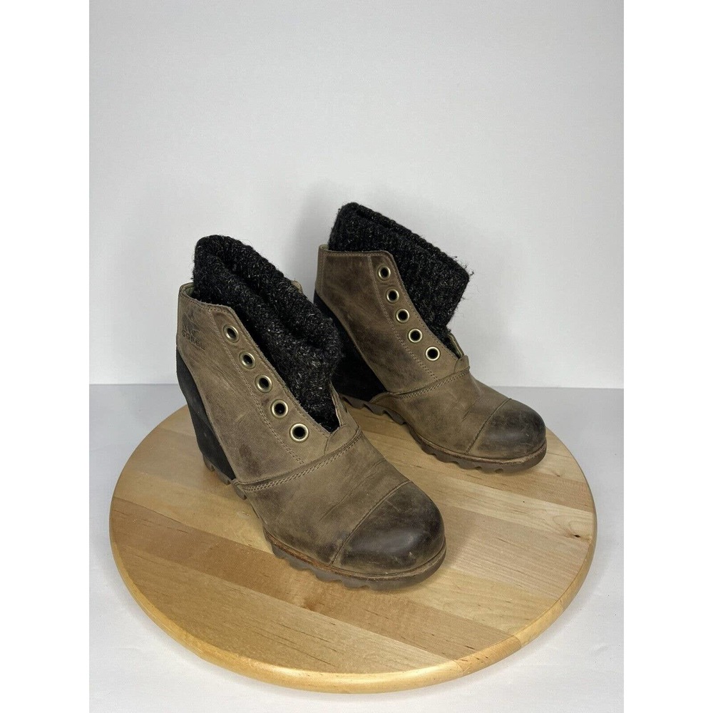 Sorel Brown Leather Ankle Booties with Black Knit Cuff